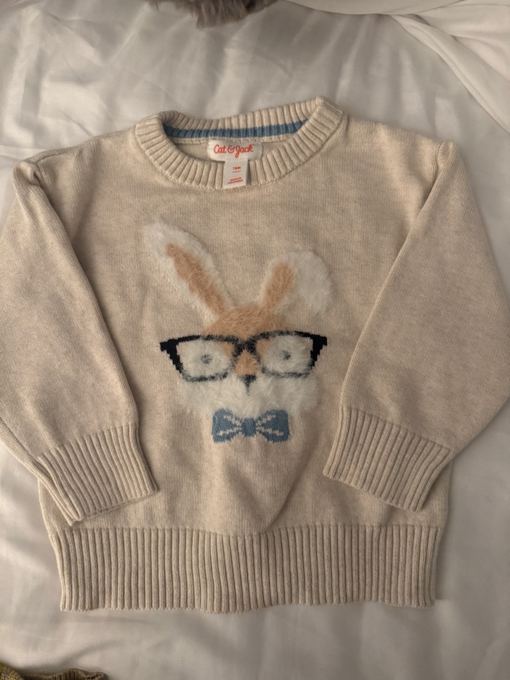 Cat & Jack Cream Sweater with Bunny Face and Blue Bow